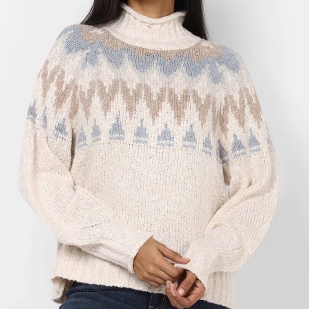 American Eagle Outfitters Fair Isle Mock‎ Neck Sweater Chenille Cream Brown